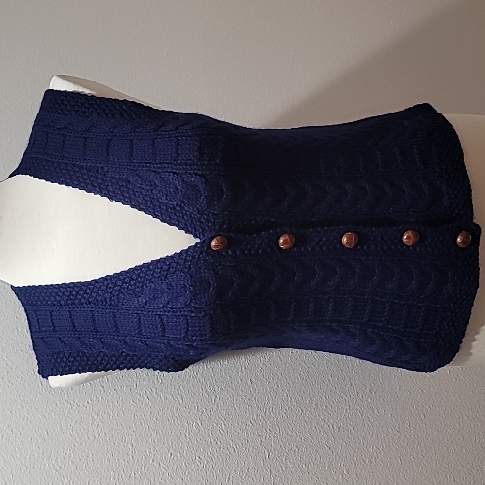 Vintage Handmade Navy Blue Button Down Cable Knit Crochet Cardigan Sweater Vest